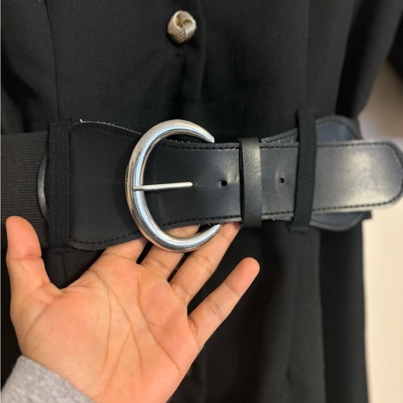 Vintage 1980's Black Short Belted Shirt Trench Dress Gold Buttons sz M - Picture 8 of 9